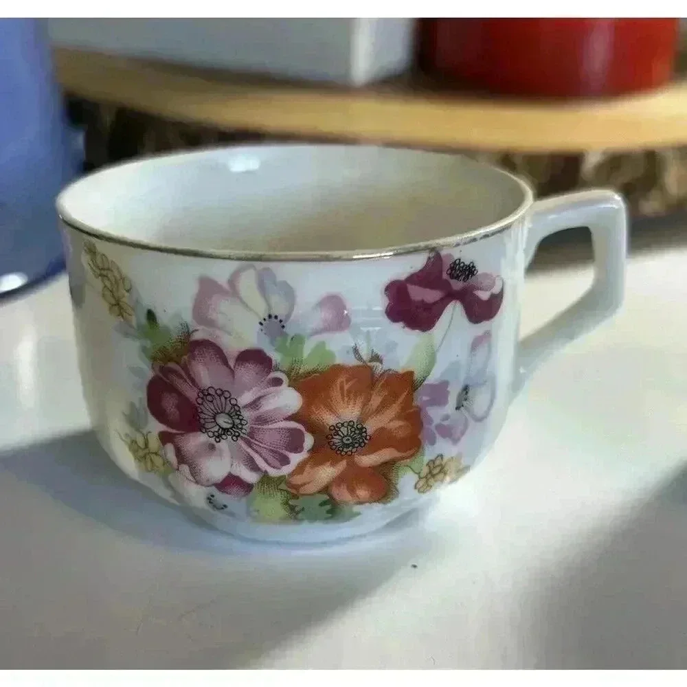 Occupied Japan pair demitasse Cups floral decal bouquet